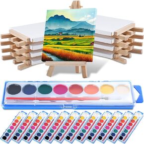 12 Set Mini Canvas Easel Set Include 8 Colors Watercolor Paint Bulk with 4 x 4 Inch Canvases and Easels Washable Watercolor Kids Paint for School Birthday Painting Art Party Favor Supplies