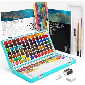 CHROMATEK Watercolor Paint Set, 128 Vivid Colors in Portable Box, With Pad, Brushes and Everything Else you Need to Start Painting, Travel Kit