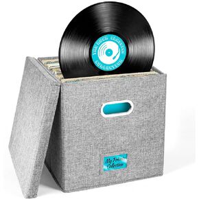 Vinyl Record Storage Box for up to 50+ 12-Inch Albums, Records Crate, LP Album Storage, Fabric Storage Boxes with Lids for Moving, Office, Closet, Home Organizer 13x13x13 (Black)