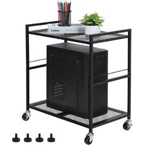 YBING Computer Tower Stand PC Tower Stand, Mobile CPU Holder Stand Cart with Caster Wheels Metal 2 Tier Rolling Printer Cart for Fax Home Office Black