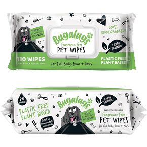 Dog Wipes, 100% Plastic Free Biodegradable pet Wipes for Full Body, Eye Wipes, Ear Wipes, Bum & Paws. 110 Sensitive Dog Grooming Wipes for Dogs, Puppy & cat Grooming (Fragrance Free)