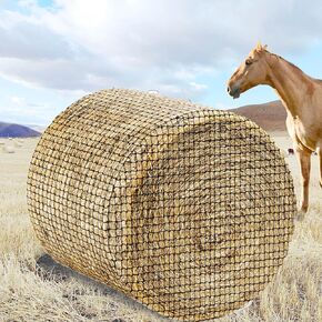Thick & Durable Round Bale Hay Net for Horses- Large 5x5ft Size, Black Nylon Net with 1.75 Inch Holes - Slow Feed Hay Nets for Horses and Goats - Healthier Feeding Solution.