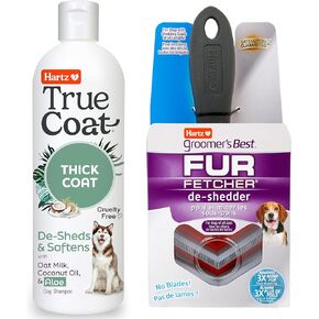 Hartz Grooming Supplies Bundle with True Coat Thick Coat Dog Shampoo and Fur Fetcher De-Shedder Dog Brush