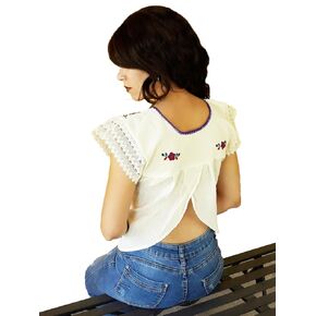 Mexican Blouse Handmade Embroidered Open Back With Flowers Pattern And Lace Sleeves Be (S)