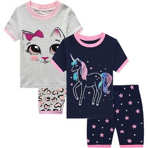 Girls Cotton Pajamas Short Sleeve Pjs Toddler Summer Sleepwear Sets