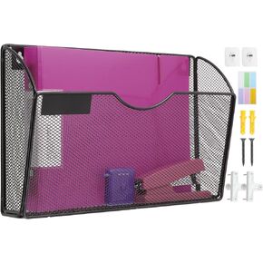 3 Pockets Mesh Wall File Holder Organizer Office Hanging File Folder Magazine Rack, Nametag Label Hooks Set Included, Black