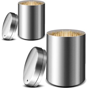 2Pcs Stainless Steel Metal Toothpick Holder Dispenser with Toothpicks Gifts Home Decor Thickening Tooth Picks Lot Container with 1000 Pieces Bamboo Round Toothpicks for Teeth and Appetizer