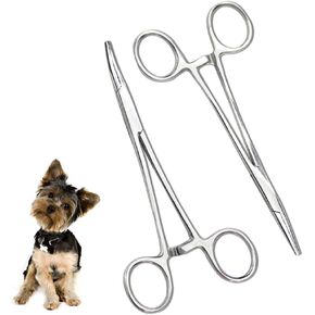 Pets ears/nose hair Puller Straight & Curved full serrated, stainless steel Home Hemostat Locking Forceps, Professional pet grooming tool for cats & dogs 2pcs set