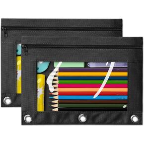 V-Opitos Pencil Pouch for 3 Ring Binder, 2 Pack Pink 3-Holes Zipper Pencil Pouches, Sturdy and Durable Cloth Pencil Case with Clear Window for Office School College Supplies