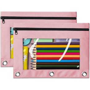 V-Opitos Pencil Pouch for 3 Ring Binder, 2 Pack Pink 3-Holes Zipper Pencil Pouches, Sturdy and Durable Cloth Pencil Case with Clear Window for Office School College Supplies