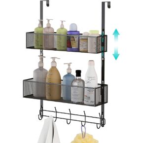 LUCYCAZ Adjustable Over The Door Hooks Organizer, Door Hanger Towel Rack with 10 Coat Hooks & 2 Mesh Basket, Over Door Storage Rack Back of Door Organizer for Barthroom Kitchen (Black) in Kuwait