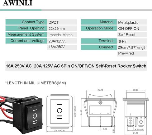 AWINLI DPDT Instantaneous Reverse Polarity Switch AC 16A 20A Control Motor 6Pin3 Position ON/Off/ON125V-250V Black Remote Control Lever Toggle Switch with Wire for Marine, Linear Actuator (2Pack) in Saudi Arabia