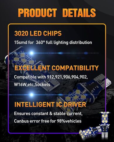 LUYED 2 × 1200 لومن 921 912 لمبة LED للأضواء الاحتياطية العكسية عالية الطاقة 3020 15-EX شرائح خالية من الأخطاء W16W 906 922 T15 لمبات، 6500 ك أبيض (ترقية جديدة، حزمة من 2) in Kuwait