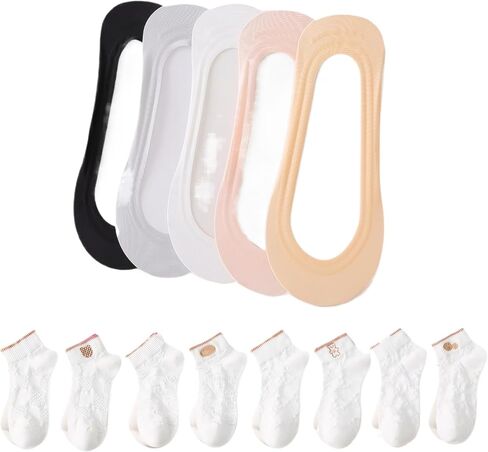 9 pairs of girls' short socks, low ankle sliding socks, nylon ballet shoes, gift socks One Size Us 5-8 (white, black, skin tone, gray, pink) in Saudi Arabia