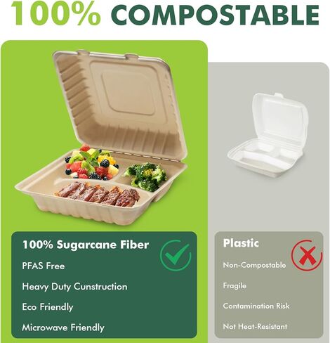 yoyomax [6x6-200Pack] 100% Compostable To Go Food Containers with Lids, Burger Box Take Out Clamshell Container, Bio Disposable | Eco Friendly | Heavy-Duty Boxes, Made of Sugarcane Fibers in Kuwait