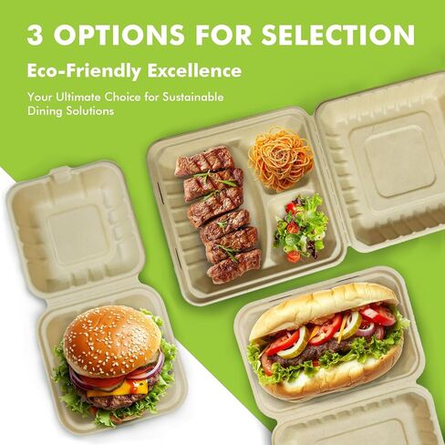 yoyomax [6x6-200Pack] 100% Compostable To Go Food Containers with Lids, Burger Box Take Out Clamshell Container, Bio Disposable | Eco Friendly | Heavy-Duty Boxes, Made of Sugarcane Fibers in Kuwait