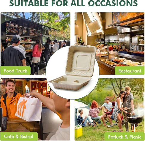 yoyomax [6x6-200Pack] 100% Compostable To Go Food Containers with Lids, Burger Box Take Out Clamshell Container, Bio Disposable | Eco Friendly | Heavy-Duty Boxes, Made of Sugarcane Fibers in Kuwait