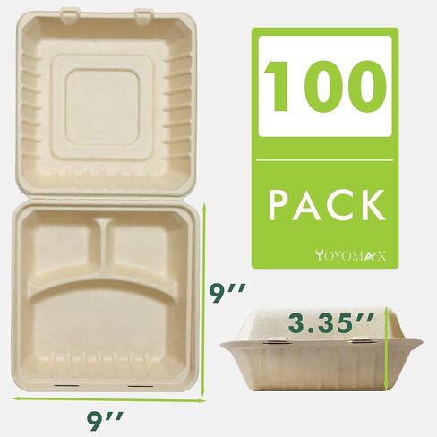 yoyomax [6x6-200Pack] 100% Compostable To Go Food Containers with Lids, Burger Box Take Out Clamshell Container, Bio Disposable | Eco Friendly | Heavy-Duty Boxes, Made of Sugarcane Fibers in Kuwait