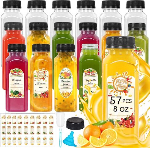 Plastic Juice Bottles with Caps, 57 Pcs 8 OZ Juice Bottles with Caps Empty Square Plastic Bottles with Black Tamper Caps Travel Juice Bottles for Juicing,Smoothie and Drinking in Saudi Arabia