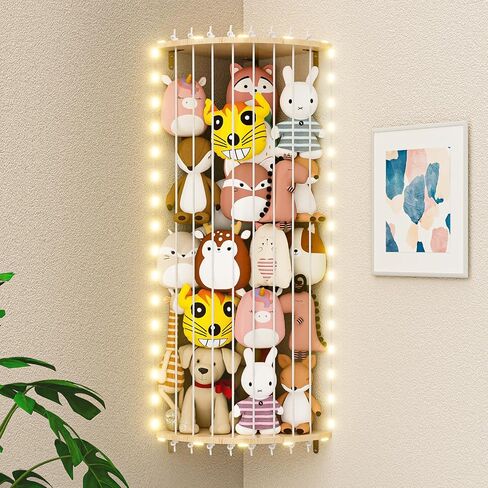 Wood Stuffed Animal Storage Corner Cage, Large Stuffed Animal Holder with Led Light & Adjustable Length, Nursery Wall Hanging Plush Toy Stuffed Animal Zoo Organizer for Kids Room Bedroom in Saudi Arabia