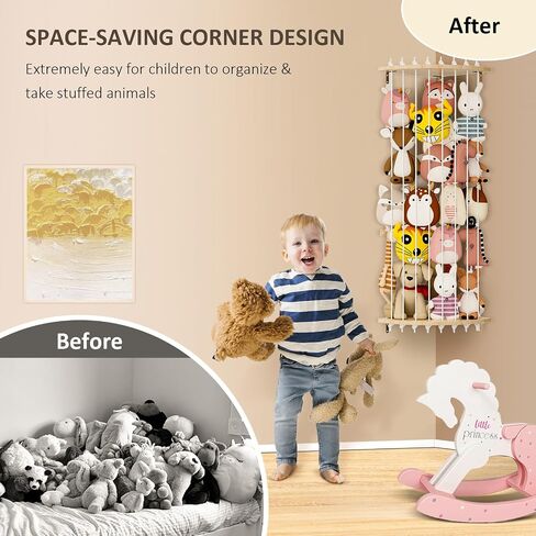 Wood Stuffed Animal Storage Corner Cage, Large Stuffed Animal Holder with Led Light & Adjustable Length, Nursery Wall Hanging Plush Toy Stuffed Animal Zoo Organizer for Kids Room Bedroom in Saudi Arabia