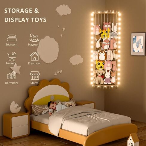 Wood Stuffed Animal Storage Corner Cage, Large Stuffed Animal Holder with Led Light & Adjustable Length, Nursery Wall Hanging Plush Toy Stuffed Animal Zoo Organizer for Kids Room Bedroom in Saudi Arabia