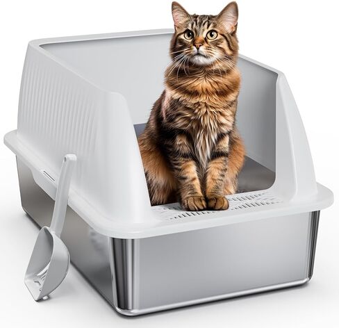 Stainless Steel Litter Box,XL Metal Litter Box with Lid,High Side Cat Litter Box for Big Cats and Kittens,Extra Large Litter Box with Scoop,Non-Sticky,Anti-Leakage and Easy Clean (Black) in Kuwait