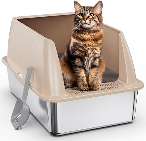 Stainless Steel Litter Box,XL Metal Litter Box with Lid,High Side Cat Litter Box for Big Cats and Kittens,Extra Large Litter Box with Scoop,Non-Sticky,Anti-Leakage and Easy Clean (Black) in Saudi Arabia