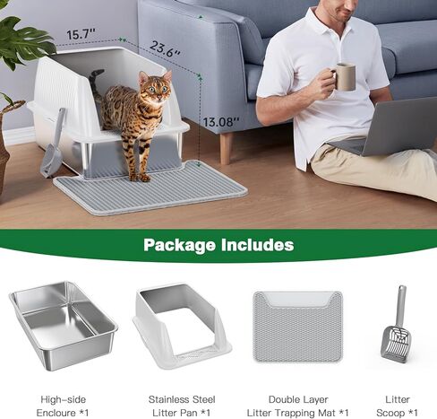 Stainless Steel Litter Box,XL Metal Litter Box with Lid,High Side Cat Litter Box for Big Cats and Kittens,Extra Large Litter Box with Scoop,Non-Sticky,Anti-Leakage and Easy Clean (Black) in Kuwait