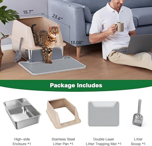 Stainless Steel Litter Box,XL Metal Litter Box with Lid,High Side Cat Litter Box for Big Cats and Kittens,Extra Large Litter Box with Scoop,Non-Sticky,Anti-Leakage and Easy Clean (Black) in Saudi Arabia