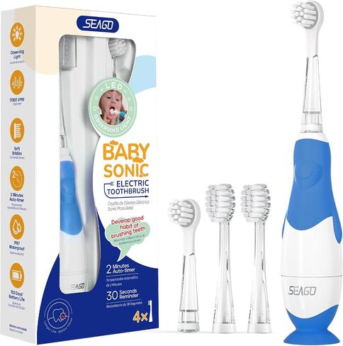 SEAGO Toddler Electric Toothbrush for Ages 1-3 Years,Baby Electric Toothbrush with Smart LED Timer and Sonic Technology,4 Brush Heads(Blue) in Saudi Arabia