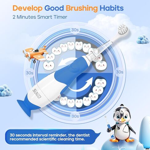 SEAGO Toddler Electric Toothbrush for Ages 1-3 Years,Baby Electric Toothbrush with Smart LED Timer and Sonic Technology,4 Brush Heads(Blue) in Saudi Arabia