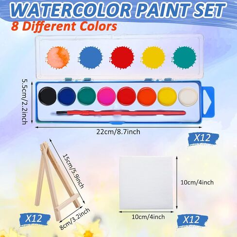 12 Set Mini Canvas Easel Set Include 8 Colors Watercolor Paint Bulk with 4 x 4 Inch Canvases and Easels Washable Watercolor Kids Paint for School Birthday Painting Art Party Favor Supplies in Saudi Arabia