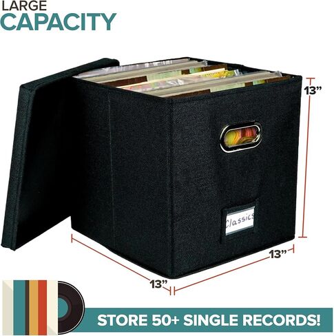Vinyl Record Storage Box for up to 50+ 12-Inch Albums, Records Crate, LP Album Storage, Fabric Storage Boxes with Lids for Moving, Office, Closet, Home Organizer 13x13x13 (Black) in Saudi Arabia