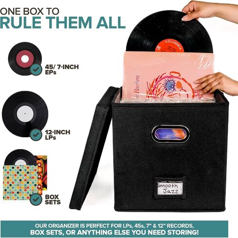 Vinyl Record Storage Box for up to 50+ 12-Inch Albums, Records Crate, LP Album Storage, Fabric Storage Boxes with Lids for Moving, Office, Closet, Home Organizer 13x13x13 (Black) in Saudi Arabia