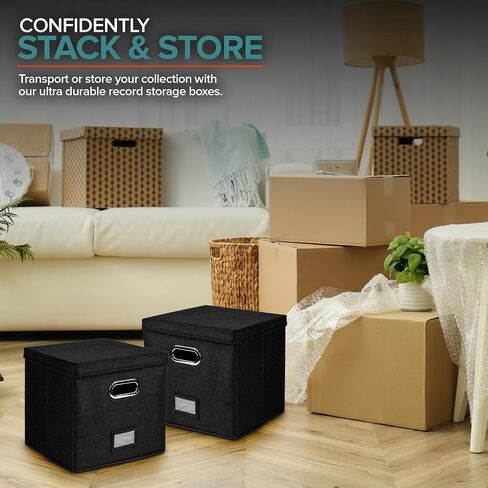 Vinyl Record Storage Box for up to 50+ 12-Inch Albums, Records Crate, LP Album Storage, Fabric Storage Boxes with Lids for Moving, Office, Closet, Home Organizer 13x13x13 (Black) in Saudi Arabia