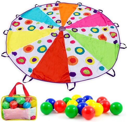 Parachute for Kids with Handles – Rainbow Multi-Colored with 16 Balls in Carry Bag, Parachute Toy for Ages 3+Toddlers, to Seniors (10ft – 12 Handles) in Saudi Arabia