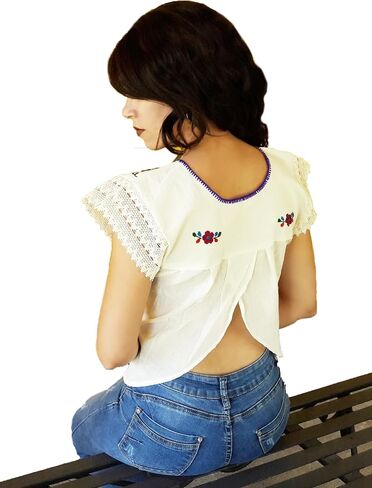 Mexican Blouse Handmade Embroidered Open Back With Flowers Pattern And Lace Sleeves Be (S) in Saudi Arabia