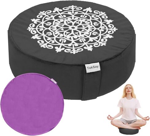 Meditation Cushion with Two Velvet Covers, 16 * 16 * 5.9 inches, Filled with Buckwheat - Round Yoga Bolster (Black) in Kuwait