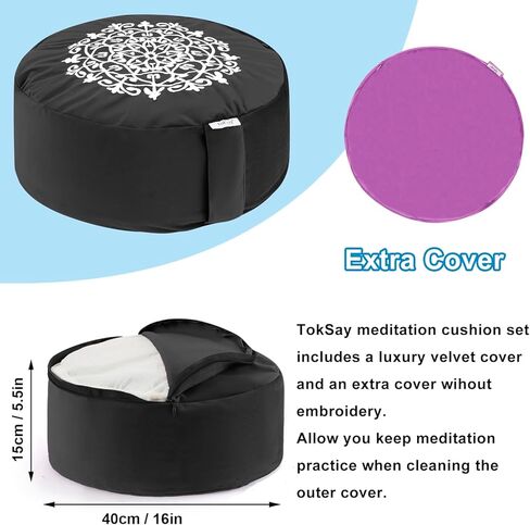 Meditation Cushion with Two Velvet Covers, 16 * 16 * 5.9 inches, Filled with Buckwheat - Round Yoga Bolster (Black) in Kuwait