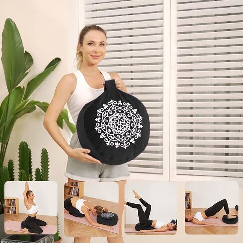 Meditation Cushion with Two Velvet Covers, 16 * 16 * 5.9 inches, Filled with Buckwheat - Round Yoga Bolster (Black) in Kuwait