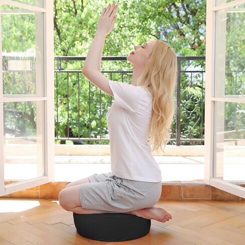 Meditation Cushion with Two Velvet Covers, 16 * 16 * 5.9 inches, Filled with Buckwheat - Round Yoga Bolster (Black) in Kuwait
