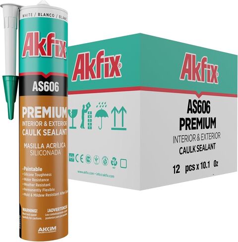 Akfix AS606 سدادة مطاطية من الأكريليك الأبيض للرسامين (2 × 10.1 أونصة سائلة) - سدادة أكريليك من السيليكون لختم النوافذ والأبواب، وملء الشقوق، وألواح القاعدة والزخرفة، عديم الرائحة، قابل للطلاء | 2 حزمة in Kuwait