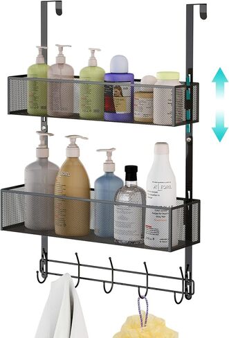 LUCYCAZ Adjustable Over The Door Hooks Organizer, Door Hanger Towel Rack with 10 Coat Hooks & 2 Mesh Basket, Over Door Storage Rack Back of Door Organizer for Barthroom Kitchen (Black) in Kuwait