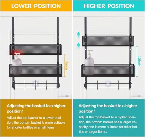 LUCYCAZ Adjustable Over The Door Hooks Organizer, Door Hanger Towel Rack with 10 Coat Hooks & 2 Mesh Basket, Over Door Storage Rack Back of Door Organizer for Barthroom Kitchen (Black) in Kuwait