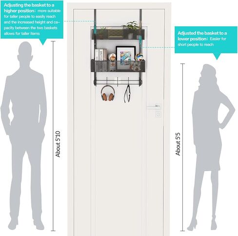 LUCYCAZ Adjustable Over The Door Hooks Organizer, Door Hanger Towel Rack with 10 Coat Hooks & 2 Mesh Basket, Over Door Storage Rack Back of Door Organizer for Barthroom Kitchen (Black) in Kuwait