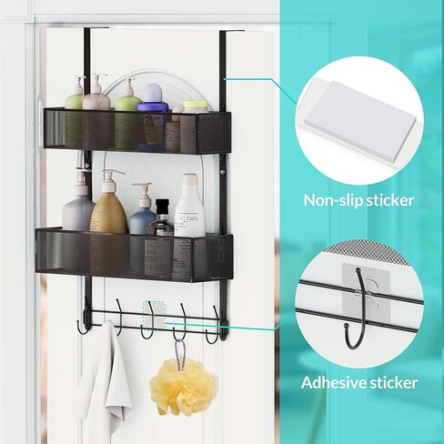 LUCYCAZ Adjustable Over The Door Hooks Organizer, Door Hanger Towel Rack with 10 Coat Hooks & 2 Mesh Basket, Over Door Storage Rack Back of Door Organizer for Barthroom Kitchen (Black) in Kuwait