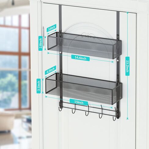LUCYCAZ Adjustable Over The Door Hooks Organizer, Door Hanger Towel Rack with 10 Coat Hooks & 2 Mesh Basket, Over Door Storage Rack Back of Door Organizer for Barthroom Kitchen (Black) in Kuwait