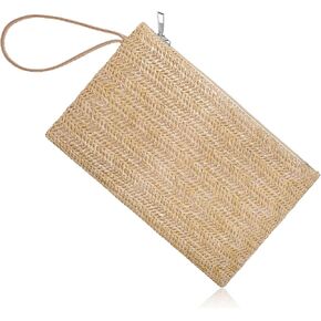 Hand-Woven Straw Pocketbooks, Womens Straw Clutch Bag, Bohemian Wristlet Bag, Straws Clutch Purse with Handle, Zipper Wristlet Wallets for Women Travel Work in Kuwait