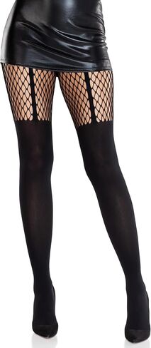 Leg Avenue Women’s Seamless Black Fishnet Tights for Women with Opaque Garter Illusion and Net Thigh Detail, Black, One Size in Saudi Arabia